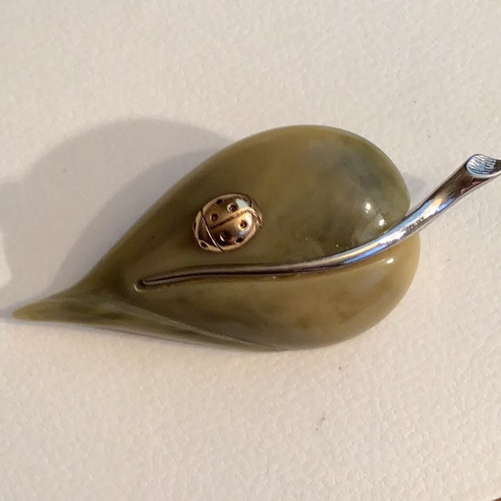 MOLTEN PLASTIC Carved Leaf with Lady Bug Brooch